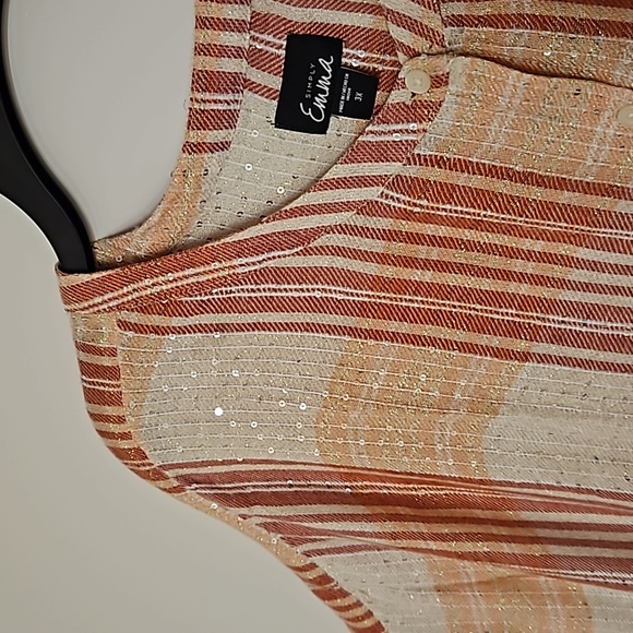 SIMPLY EMMA red pink white plaid silver thread sequin accent button down 3X - Picture 2 of 10